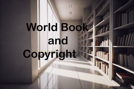 Interior of a modern library. A huge bright room with shelves and racks of books, text World Book and Copyright Day. Illustration generated by AIの素材