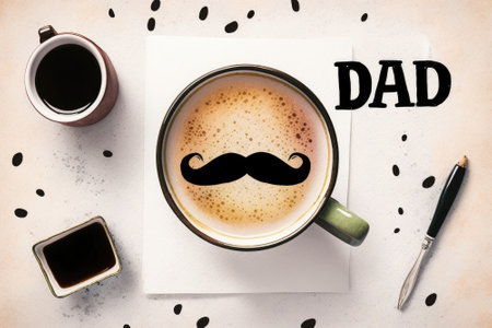 Black mustache cup of coffee, top view light background. Holiday card template, invitation. Illustration generated by AIの写真素材