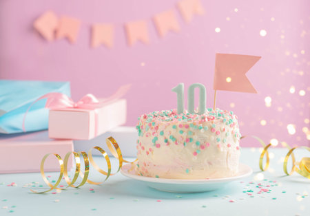 Festive cake with number 10 on background of festive pink wall with gifts and flags in serpentine.の写真素材