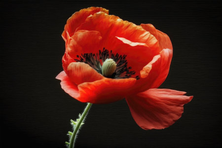Red poppy flower on black background. Template, mockup for postcard invitation, copy space. Illustration generated by Aiの素材