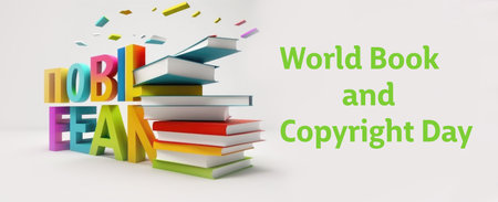 Books in bright covers scatter in different directions, on a light background, the phrase World Book and Copyright Day. Illustration generated by AIの素材
