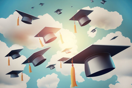 Graduation cap thrown into the blue sky. Graduation from an educational institution, school, university, college, tradition,の素材
