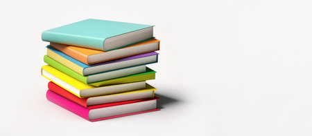 A stack of various books in bright covers light background, copy space, template for flyers, advertisements, invitations. Learning concept, book dayの素材