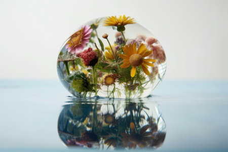 Various flowers and plants in a drop of clean water. The concept of ecology, Earth Day, Water Day. Illustration generated by AIの素材