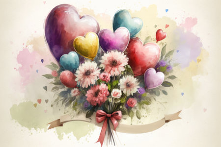 Balloons, hearts, a large bouquet of flowers on a light background, top view. Festive layout for Mothers Dayの素材