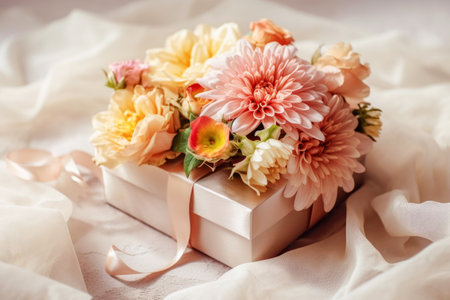 Bouquet of various flowers lies on a festive box with satin ribbon, light background. Festive composition for Mothers Day, birthday, weddingの素材