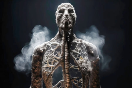 Silhouette of a man with diseased smoky lungs. The lungs of a sick person from which tobacco smoke comes. World No Tobacco Dayの写真素材