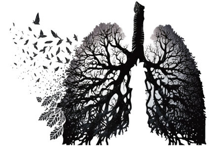Lungs of a sick person from black leaves, sick destroyed. Sick respiratory system, anatomical silhouette. world no tobacco dayの写真素材