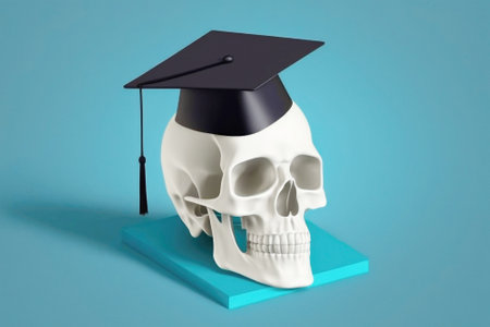The skull of a man wearing a traditional Graduate cap. The concept of graduation from school, university, education, study.の素材