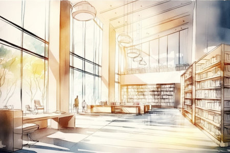 Interior of modern library. Huge bright room with shelves and stacks of books. World Book and Copyright Day. Illustration generated by AIの素材