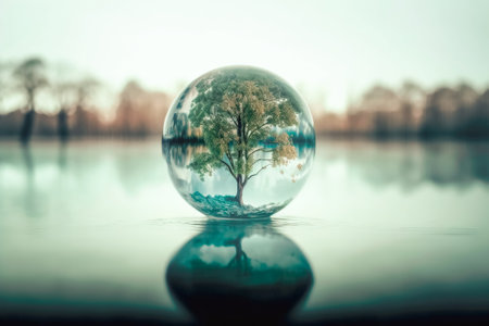 Green tree in a drop water. ecology, nature conservation, environmental protection, Earth Day. Illustration generated by AIの素材