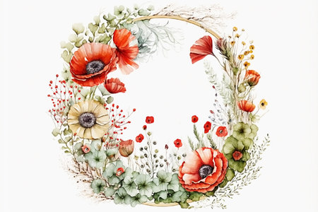 Wreath of red poppy flowers white background. Template, mocap for postcard invitation, watercolor style. Illustration generated Aiの素材