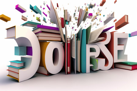 Books in bright covers scatter in different directions, on a light background, template for flyers. Learning concept, book day, knowledge dayの素材