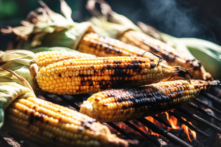 Ripe corn is cooked on the grill, outdoors. May holidays concept of vegetarian barbecue, backyard party, summer holidaysの素材