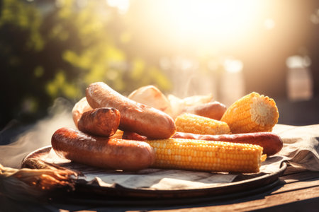 Grilled sausages and corn cobs are cooked on a barbecue grill, outdoors. Concept for May holidays BBQ, backyard partyの素材
