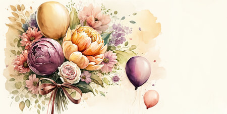 Balloons, hearts, a large bouquet of flowers on a light background, top view. Festive layout for Mothers Dayの素材
