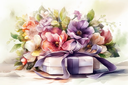 Bouquet of various flowers lies on a festive box with a satin ribbon, on a light background. Festive composition for Mothers Day, birthday, weddingの素材