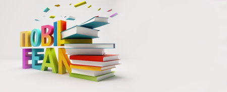 Books in bright covers scatter in different directions, on a light background, template for flyers, advertisements. Learning concept, book dayの素材