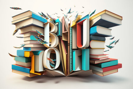 A stack of various books in bright covers light background, copy space, template for flyers, advertisements, invitations. Learning concept, book dayの素材