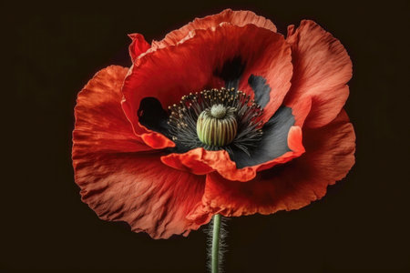 Red poppy flower on black background. Template, mockup for postcard invitation, copy space. Illustration generated by Aiの素材