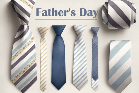Various mens ties lined up in a row, Fathers Day text. Template for a holiday card, invitation. Illustration generated by AIの写真素材