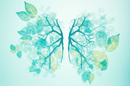 Human lungs from green leaves, blue background copy space. Healthy respiratory system, anatomical silhouetteの写真素材