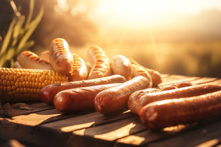 Grilled sausages and corn cobs are cooked on a barbecue grill, outdoors. Concept for May holidays BBQ, backyard partyの素材