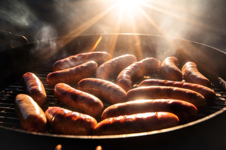 Grilled sausages are cooked on a barbecue grill, outdoors. Concept for May holidays BBQ, backyard party, summer vacationの素材