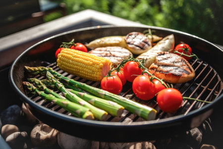 Various vegetables are baked onbarbecue grill on grill, outdoors, selective focus. May holidays, of vegetarian vegetable barbecueの素材
