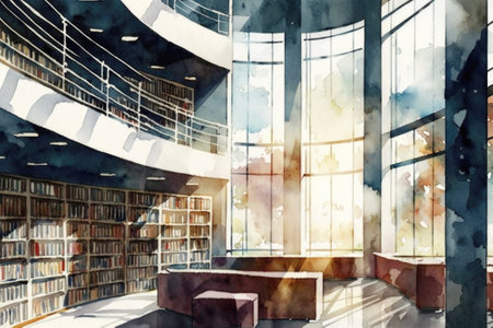 Interior of modern library. Huge bright room with shelves and stacks of books. World Book and Copyright Day. Illustration generated by AIの素材