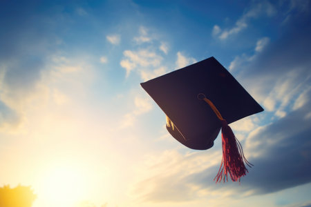 Graduation cap thrown into the blue sky. Graduation from an educational institution, school, university, college, tradition,の素材