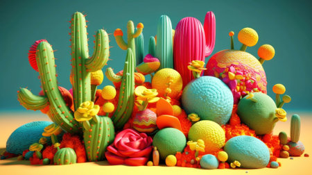 Mexican national holiday Cinco de Mayo. Various Mexican cacti on a bright background, copy space, 3d style. Illustration generated by AIの素材