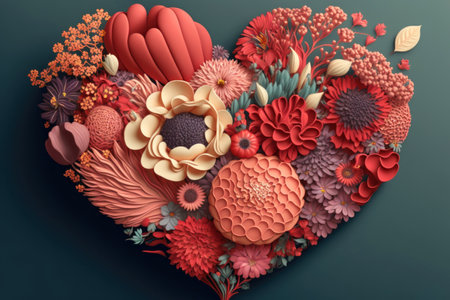 Various red and pink flowers are laid out in the shape of a large heart on a dark background. Festive layout for Mothers Dayの素材