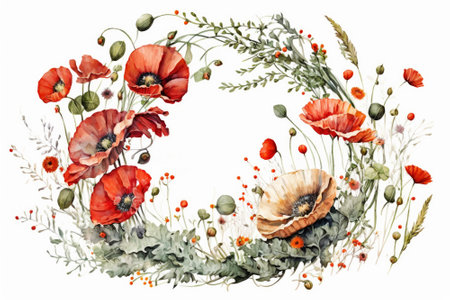 Wreath of red poppy flowers white background. Template, mocap for postcard invitation, watercolor style. Illustration generated Aiの素材