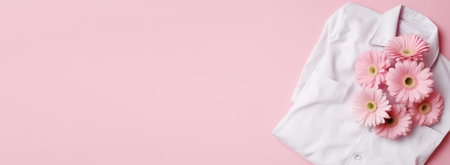 Cute bouquet of flowers, medical uniform, pink background, . Festive composition for Doctors Nurses Day, template for postcardの素材