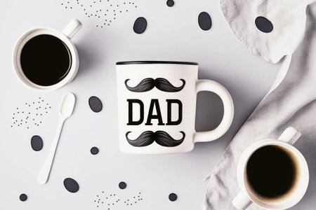 Black mustache cup of coffee, top view light background. Holiday card template, invitation. Illustration generated by AIの写真素材