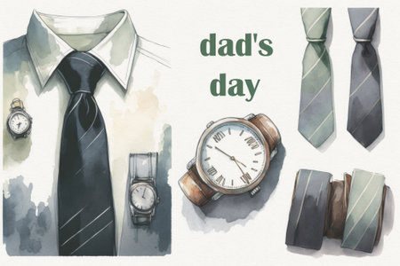 Various mens accessories - ties, shirts, watches lined up in a row. Holiday card template, Fathers Day invitation concept. AI generated illustrationの写真素材