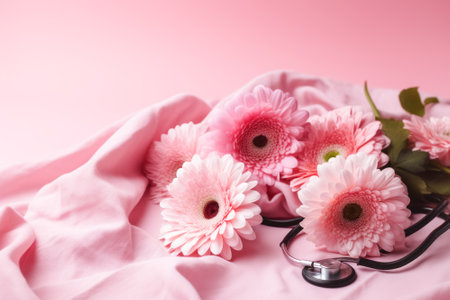 Cute bouquet of flowers, medical stethoscope, pink background. Festive composition for Doctors Nurses Dayの素材