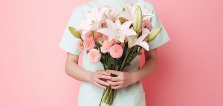 Woman doctor nurse holding a bouquet of flowers on a light pink background, copy space. AI generated, illustrationの素材
