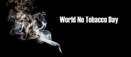 Smoking cigarette, cigarette burning and tobacco smoke, dark background inscription World No Tobacco Day. Generative AIの写真素材