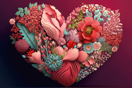 Various red and pink flowers are laid out in the shape of a large heart on a dark background. Festive layout for Mothers Dayの素材