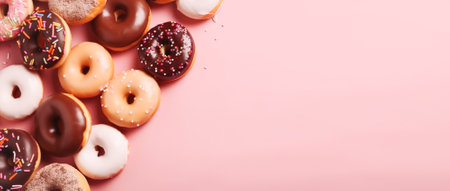 Sweet bright Donuts in various glazes and colored toppings on a trendy pink background. Sweet desserts, holiday National Donut Dayの素材