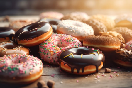 Sweet Donuts with different flavors and colored icing lie in heap on dark background. Sweet desserts, holiday National Donut Dayの素材