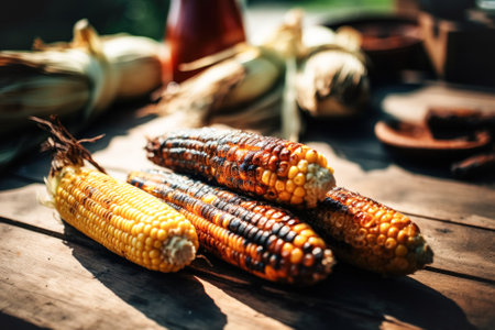 Ripe corn is cooked on the grill, outdoors. May holidays concept of vegetarian barbecue, backyard party, summer holidaysの素材