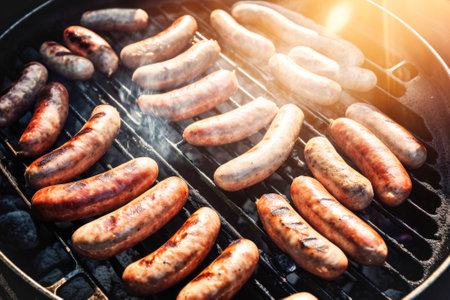 Grilled sausages are cooked on a barbecue grill, outdoors. Concept for May holidays BBQ, backyard party, summer vacationの素材