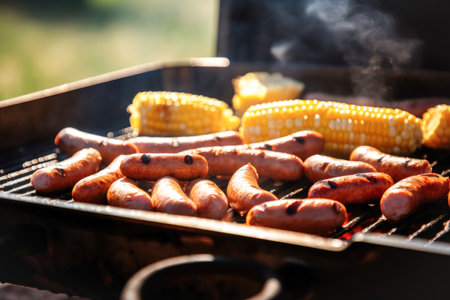 Grilled sausages and corn cobs are cooked on a barbecue grill, outdoors. Concept for May holidays BBQ, backyard partyの素材
