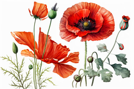 Red poppy flowers on white background. Close-up, watercolor style. Illustration generated by Aiの素材