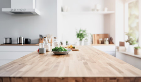 Wooden light empty table top in modern white kitchen, kitchen panel in interior. Template showcase scene for advertising productsの写真素材