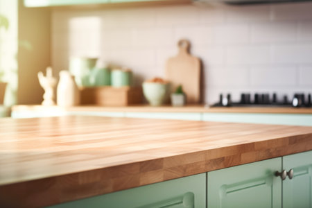 Wooden empty countertop in modern light green kitchen, kitchen panel in interior. Template showcase scene for advertising productsの写真素材