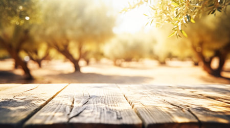 Wooden empty table top, texture board panel against the backdrop of green olive orchard trees, defocused olive treesの写真素材